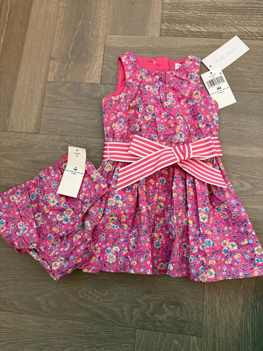 Ralph Lauren Hot Pink Floral Dress with Striped Bow 6 month NWT